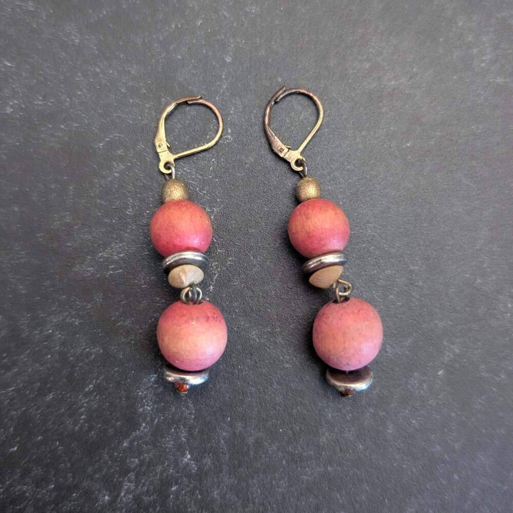 Vintage Leverback Dangle Earrings Chunky Pinky Orange Tones - Fair Condition